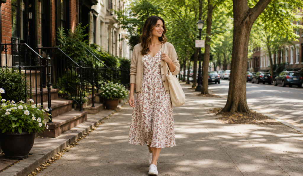 Woman walking down a tree-lined street wearing a floral midi dress, beige cardigan, and white sneakers, carrying a tote bag